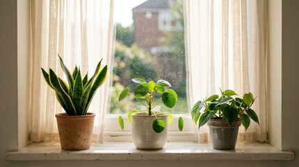 Naklejka premium Three Potted Houseplants Lined Up On A White Wooden Window Sill With Sheer Curtains And Morning Light Streaming Through The Glass Indoors
