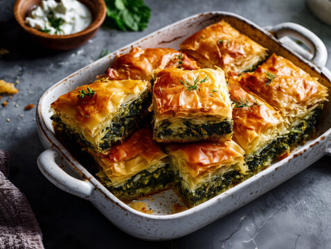 Spanakopita, a savory Greek pie made with flaky phyllo dough filled with spinach, feta cheese, onions, and herbs
