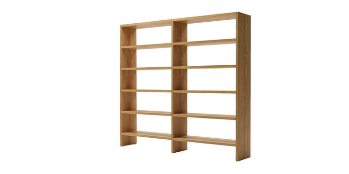 Tall wooden bookshelf with five horizontal shelves and a vertical divider, light oak finish isolated on a transparent background