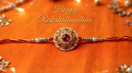 Fototapeta premium Beautiful rakhi thread with a red stone center piece on an orange background, celebrating the traditional indian festival of rakshabandhan