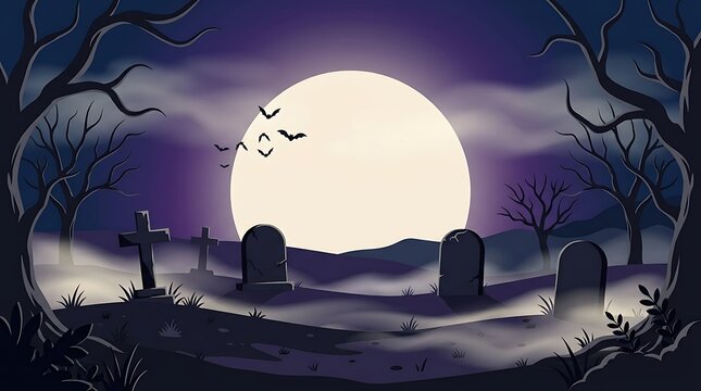 A spooky cemetery and graveyard scene halloween background featuring a large full moon silhouettes of trees and misty foggy ground