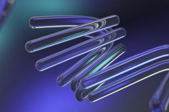 Abstract glowing glass tubes arranged in a dynamic swirling pattern on a dark blue gradient background with abstract transparent futuristic technology structure
