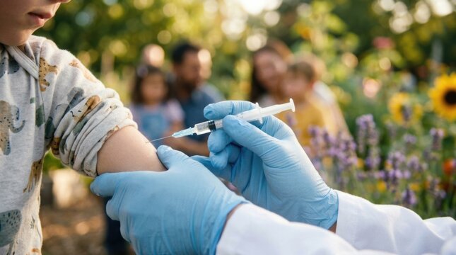 Pediatric vaccine delivery: child immunization, professional vaccination, doctor glove, needle injection, family support, outdoor clinic, health protection, syringe dose, safety shield.