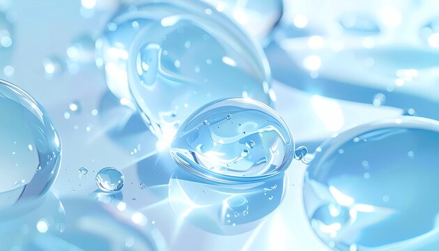 A macro closeup, no people, captures pure water droplets sparkling on a glass surface. This serene, fluid abstract evokes clarity, freshness, and renewal, perfect for skincare or spa concepts.
