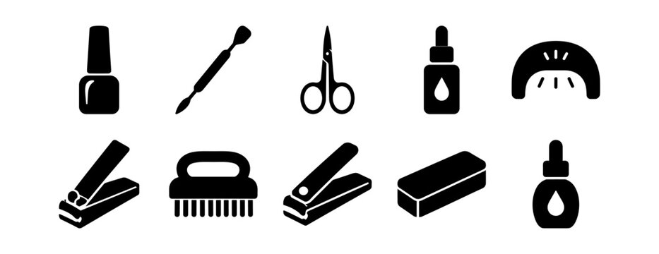 Black silhouette icons of manicure and nail care tools including nail polish, cuticle pusher, scissors, nail glue, lamp, nail clippers, scrub brush on transparent background