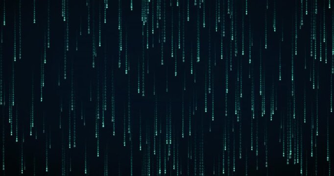 Hexadecimal code symbols cascade down in a teal circuit animation with a soft neon glow.