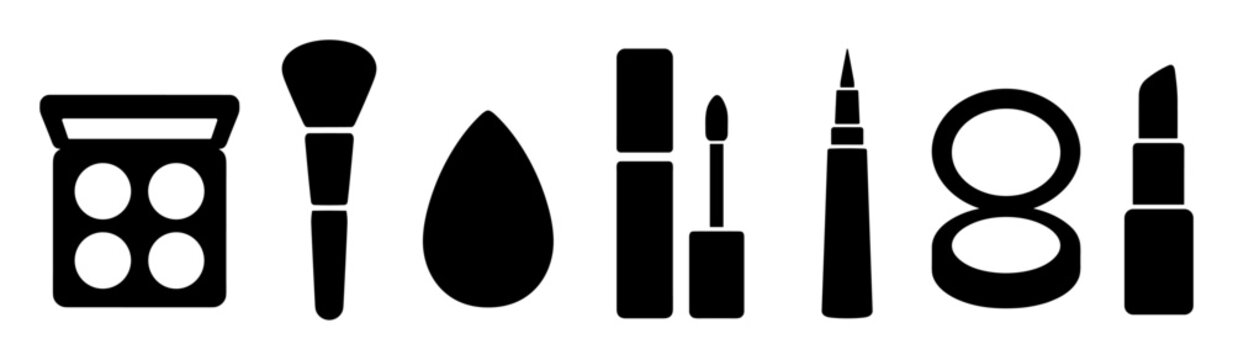 Black silhouettes of various makeup and cosmetic tools including eyeshadow palette, brush, sponge, mascara, eyeliner, compact mirror, and lipstick on transparent background