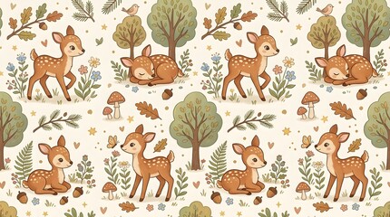 Fototapeta premium Cute Seamless Pattern with Adorable Baby Deers in Forest.
