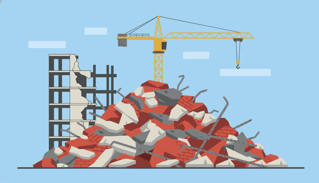 Yellow tower crane looms over a massive pile of construction debris and rubble left behind after the demolition of a large urban building structure.