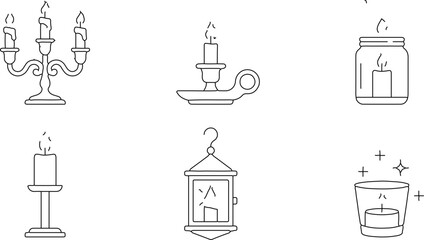 Fototapeta premium A collection of hand drawn candle and lantern illustrations in a simple line art style.
