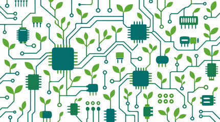 Fototapeta premium Sustainable Green Technology Vector Illustration of a Motherboard Circuit Board Pattern with Small Leaves Sprouting from Microchips and Traces, Representing Eco-Friendly Innovation and Growth.