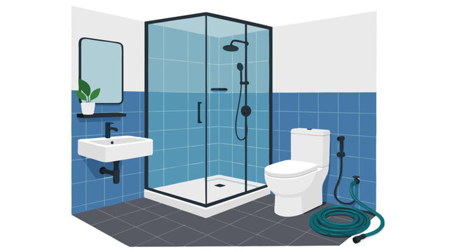 Modern bathroom interior vector illustration featuring a glass shower stall, white ceramic toilet, wall-mounted sink with mirror, blue tiled walls, and a coiled green hose on grey floor tiles.