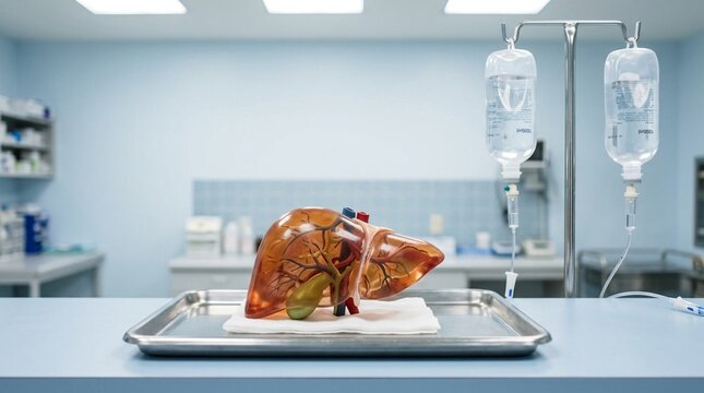 Translucent anatomical human liver model on stainless steel medical tray with IV saline bags in clinical hospital laboratory setting, realistic healthcare still life