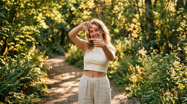 Smiling young woman framing her face with hands on a sunlit forest path, wearing a cream crop top and linen trousers surrounded by lush green foliage
