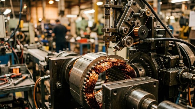 Close-up of automated factory machinery precisely winding fine copper wire onto steel motor stator teeth in industrial workshop