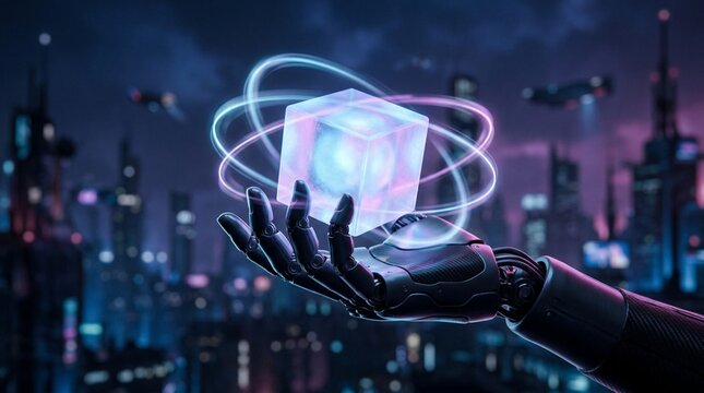 Sleek humanoid robotic hand cradling a translucent glowing cube with soft holographic light rings orbiting it, set against a futuristic neon cyberpunk city skyline at night with flying drones