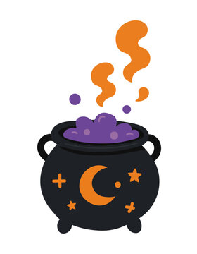 Cute Halloween cauldron with bubbling purple potion and orange steam. Black pot decorated with moon and stars. Fun magical vector illustration for spooky seasonal designs and decor.