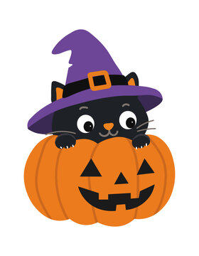 Cute black cat in a purple witch hat peeking from a smiling jack‑o&rsquo;‑lantern pumpkin. Fun Halloween vector illustration perfect for cards, posters, and kids&rsquo; seasonal designs. Happy Halloween theme.
