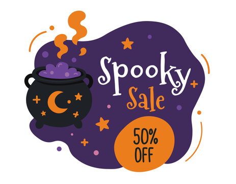 Cute Halloween sale design with a magical witch cauldron, Spooky Sale lettering, 50% off discount badge and festive decorations. Halloween vector design perfect for seasonal retail promotions.