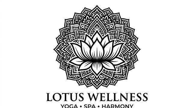 Black and white lotus flower graphic with intricate mandala pattern for wellness spa brand logo with elaborate circular mandala centered inside elaborate