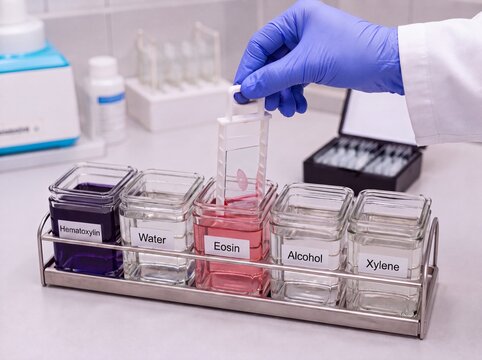 Histology H&E Staining Workflow with Tissue Slide Holder and Staining Jars