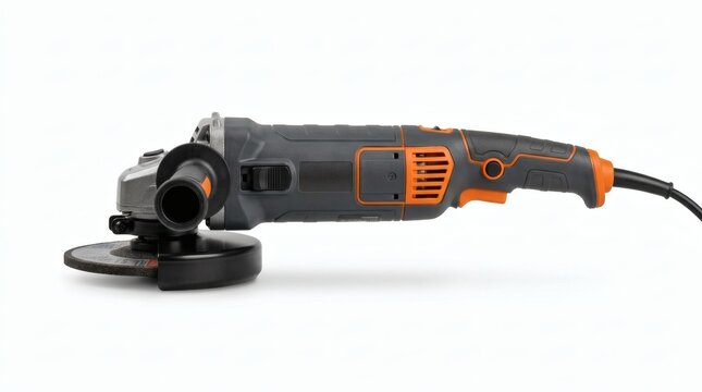 Professional angle grinder power tool, industrial electric disc sander on white background, handheld metal cutting and grinding equipment