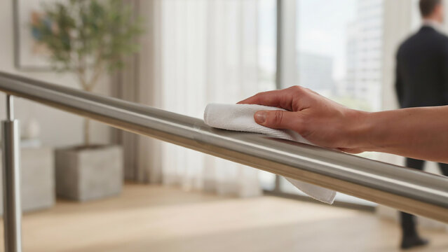 Hand wiping office handrail with cloth for surface disinfection