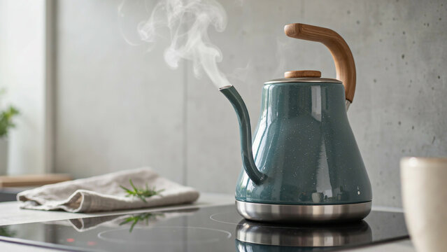 Steaming kettle boiling water on modern induction stove top