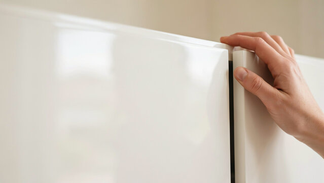 Person hand opening modern white glossy kitchen cabinet door