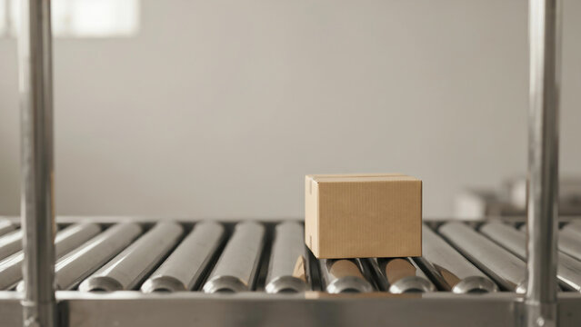 Cardboard box package moving on industrial roller conveyor belt