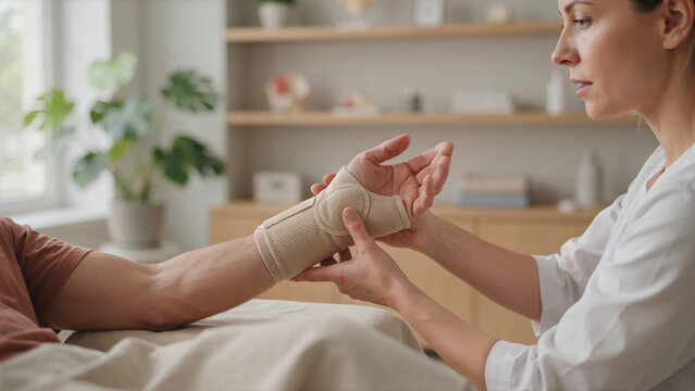 Physiotherapist examining patient injured wrist with supportive bandage brace