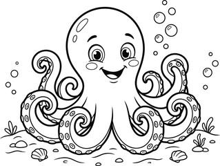 Cute cartoon octopus illustration with bubbles and sea life isolated on transparent background © Mansura
