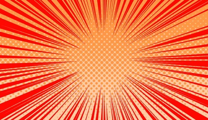 Fototapeta premium Red Comic Speed Lines Background with Halftone Pattern, Intense Pop Art Manga Action Zoom Backdrop