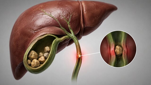 Medical Illustration of Gallstones in the Gallbladder and Common Bile Duct causing Inflammation and Blockage