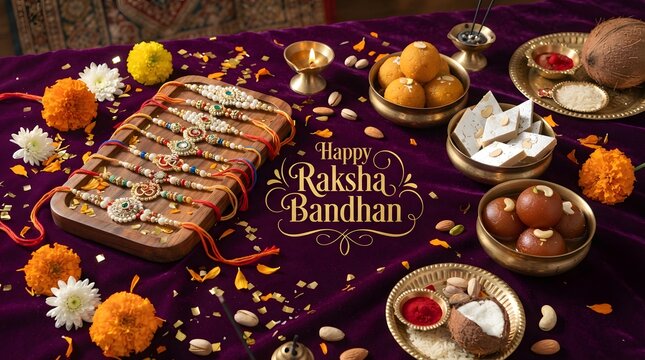 Traditional raksha bandhan celebration with rakhi bracelets, indian sweets, and puja items on a purple cloth