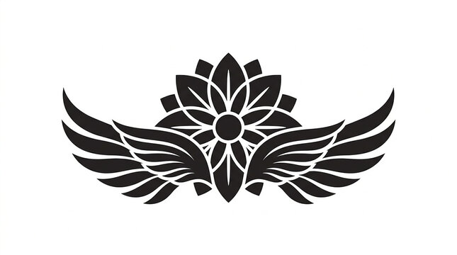 Black and white symmetrical logo featuring a stylized flower integrated with a pair of wings with minimalist graphic design against white background