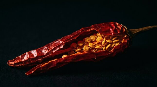 Dried red chili pepper with visible seeds on black background, spicy hot pepper pod, organic culinary spice for cooking