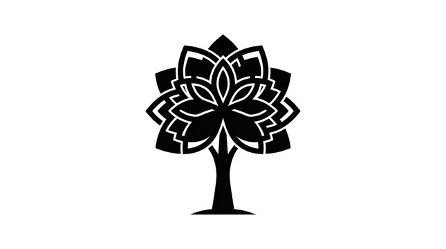 A minimalist black tree logo featuring a symmetrical floral canopy design on a white background with icon intricate symmetrical inspired canopy isolated