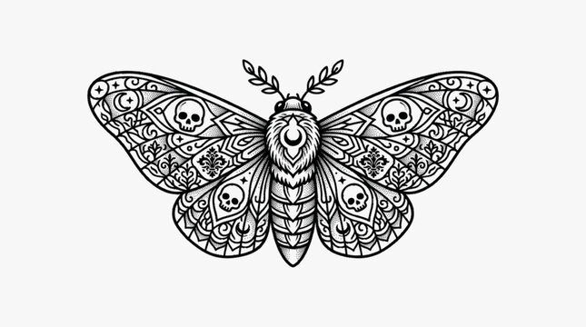 Symmetrical black and white vector illustration of a moth featuring ornate wing patterns, human skulls, crescent moons, and stippling detail, ideal for tattoo designs and gothic artwork.
