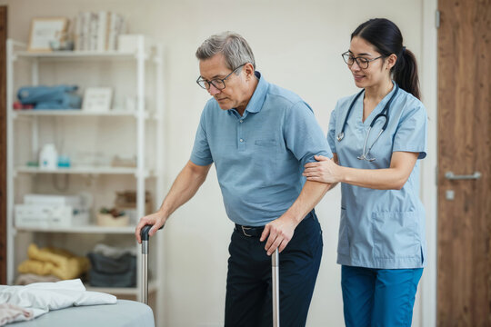 Elderly man walks with cane, supported by nurse. Nurse steadies him gently, offering care. Both appear calm, focused on safe movement. Scene captures compassionate care in a clinical setting