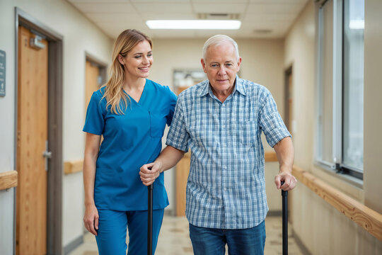 Portrait of woman nurse physical therapy assists elderly male patient with walking exercise at clinic. Physical therapy rehabilitation