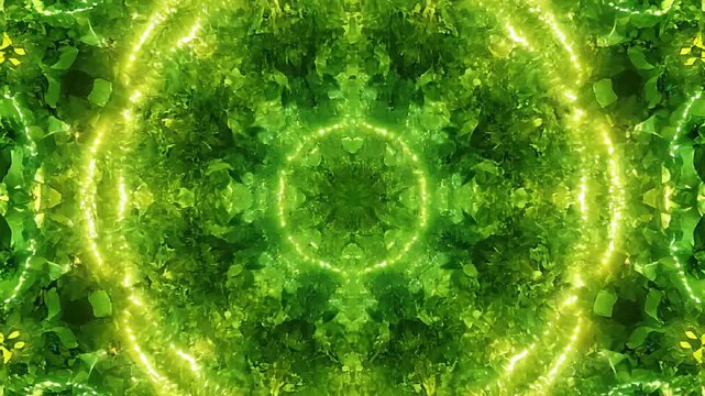 Dynamic abstract kaleidoscope pattern with shimmering crystal textures and glowing geometric shapes. Seamless loop of vibrant color transitions perfect for backgrounds.