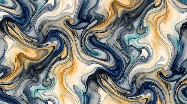 Abstract liquid marble texture with gold blue and grey swirls.