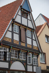 Naklejka premium Detailed Weser Renaissance Facade of a Historic Half-Timbered House