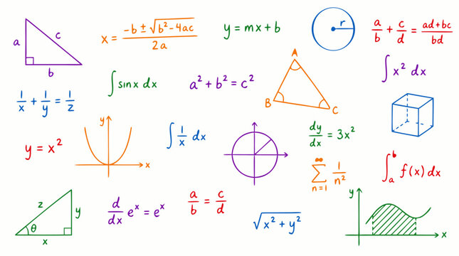 Educational Vector Background with Colorful Handwritten Math Equations, Formulas, and Geometric Diagrams; Includes Calculus, Algebra, Trigonometry, Integrals, Fractions, and Scientific Graphs.