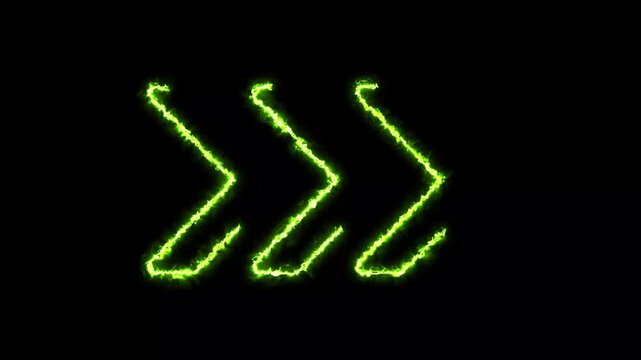 Neon green glowing arrows, electric energy chevron animation, futuristic digital pointer icons on black background
