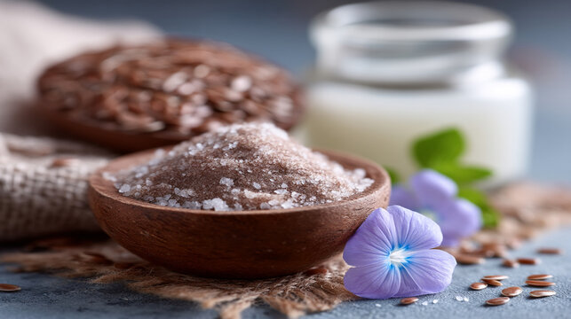 Wooden bowl filled with ground flaxseed meal surrounded by whole seeds and flowers