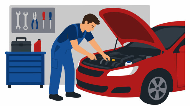Professional Auto Mechanic in Blue Overalls Repairing a Red Car Engine in a Clean Garage Workshop; Vector Illustration of Automotive Maintenance, Vehicle Service, and Repair Shop Scene.