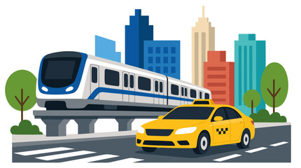 Naklejka premium Modern City Transit Vector Illustration Featuring a Sleek White Metro Train on Elevated Tracks and a Yellow Taxi Cab Driving on an Urban Street with Colorful Skyscrapers and Green Trees.