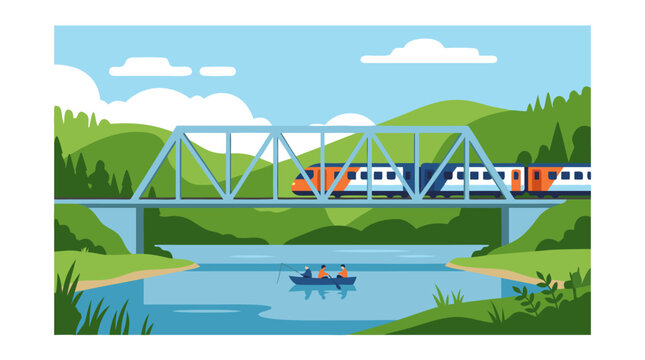 Flat vector illustration of a modern passenger train crossing a steel truss bridge over a calm blue river with fishermen in a small boat below, scenic green hills and cloudy sky background.